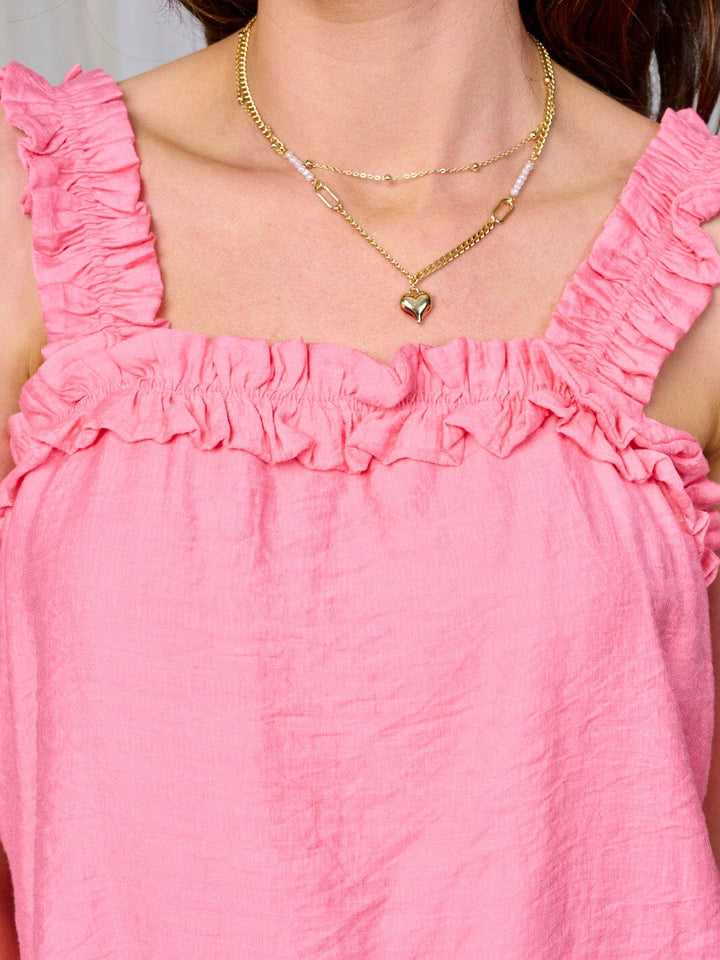 WOMEN'S SLEEVELESS RUFFLE ELSATIC TRIM TANK TOP