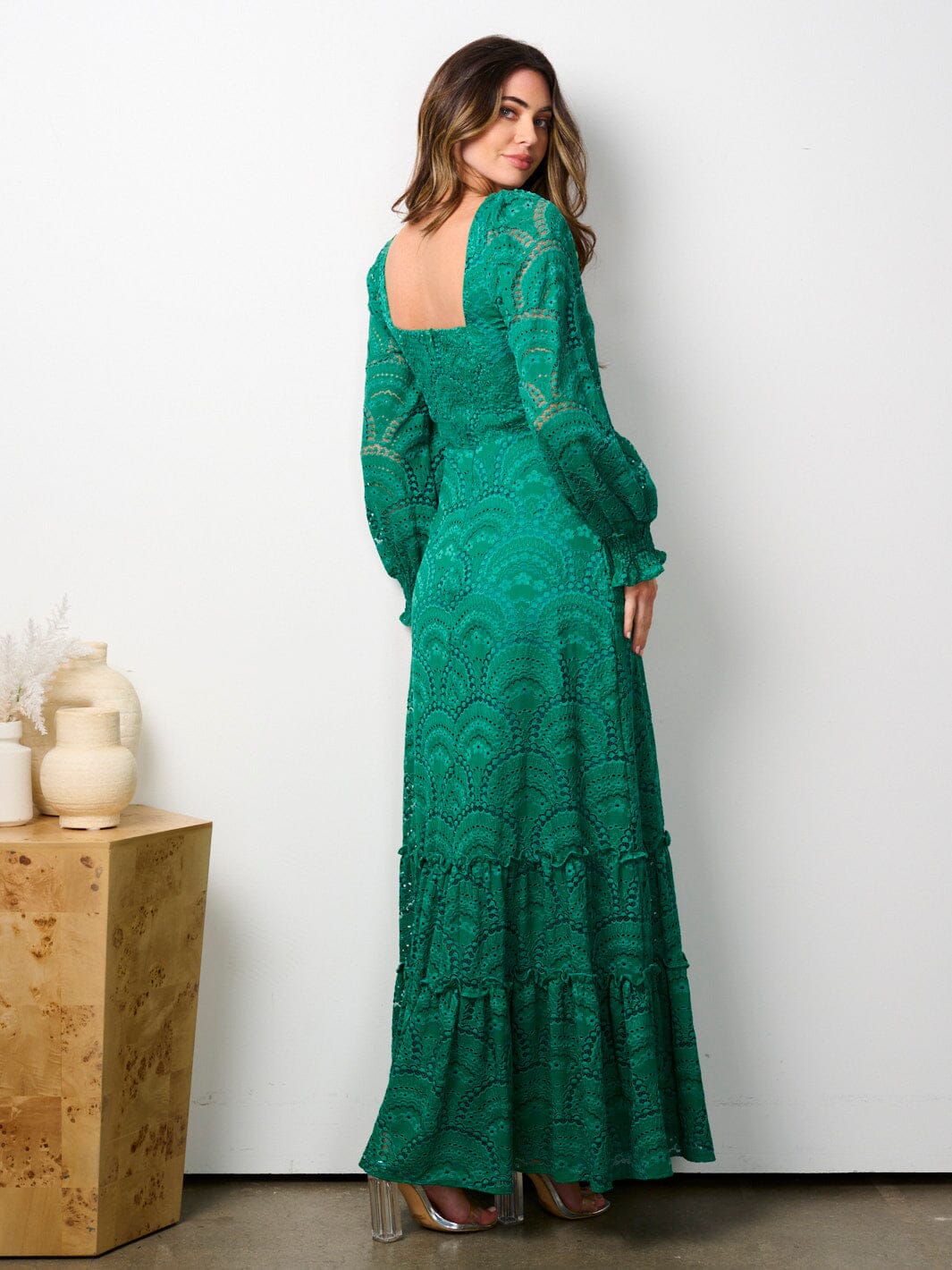 WOMEN'S LONG SLEEVE FRONT CUT OUT ALL OVER LACE MAXI DRESS