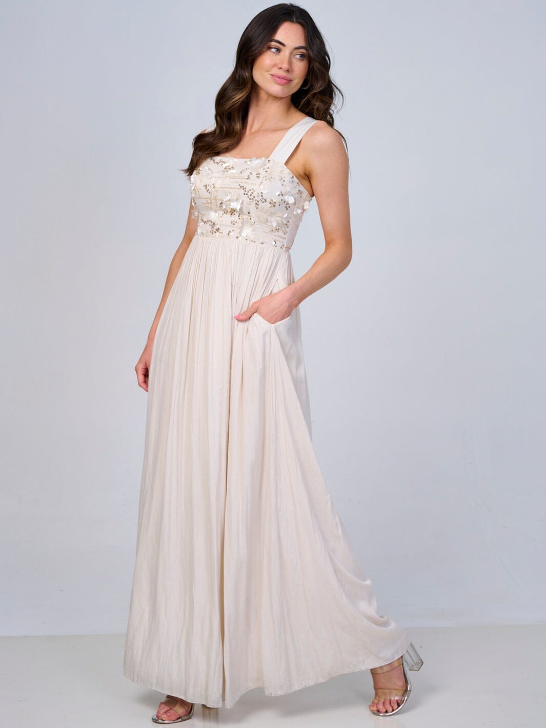 WOMEN'S SLEEVELESS FLORAL SEQUINS FRONT POCKETS MAXI DRESS