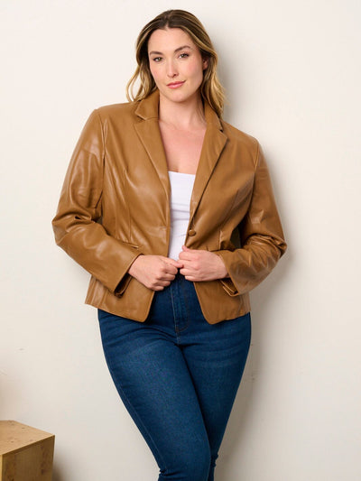 WOMEN'S LONG SLEEVE BUTTON CLOSURE POCKETS PU PLEATHER JACKET