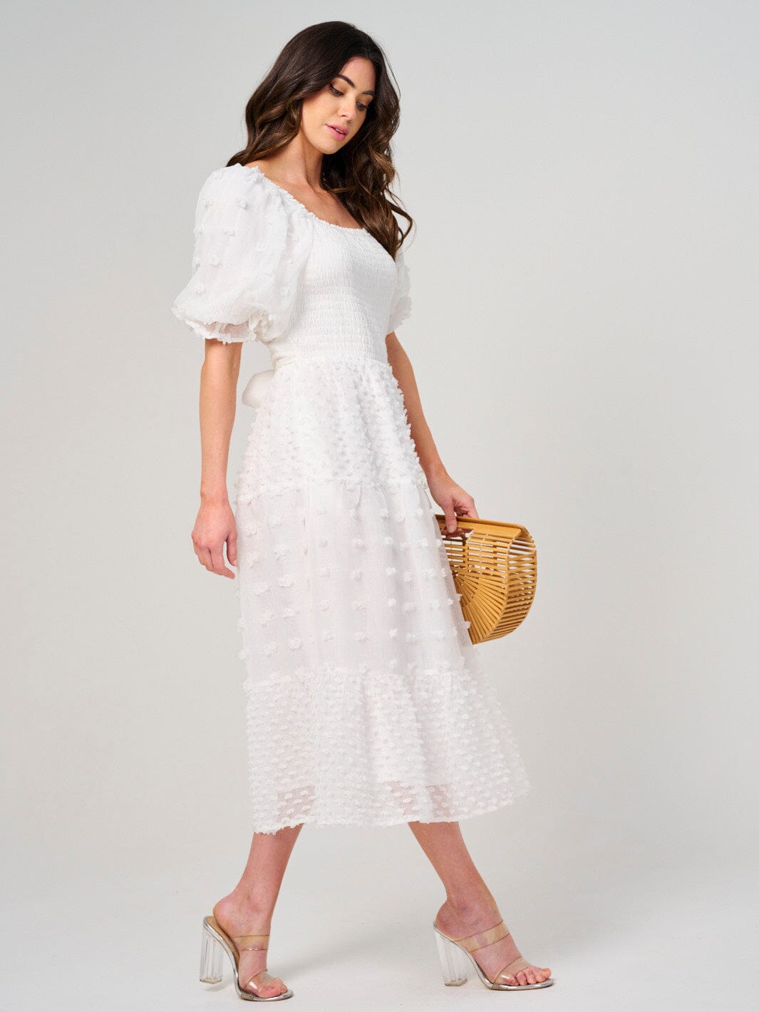 WOMEN'S SHORT PUFF SLEEVE SMOCK SWISS DOT MAXI DRESS
