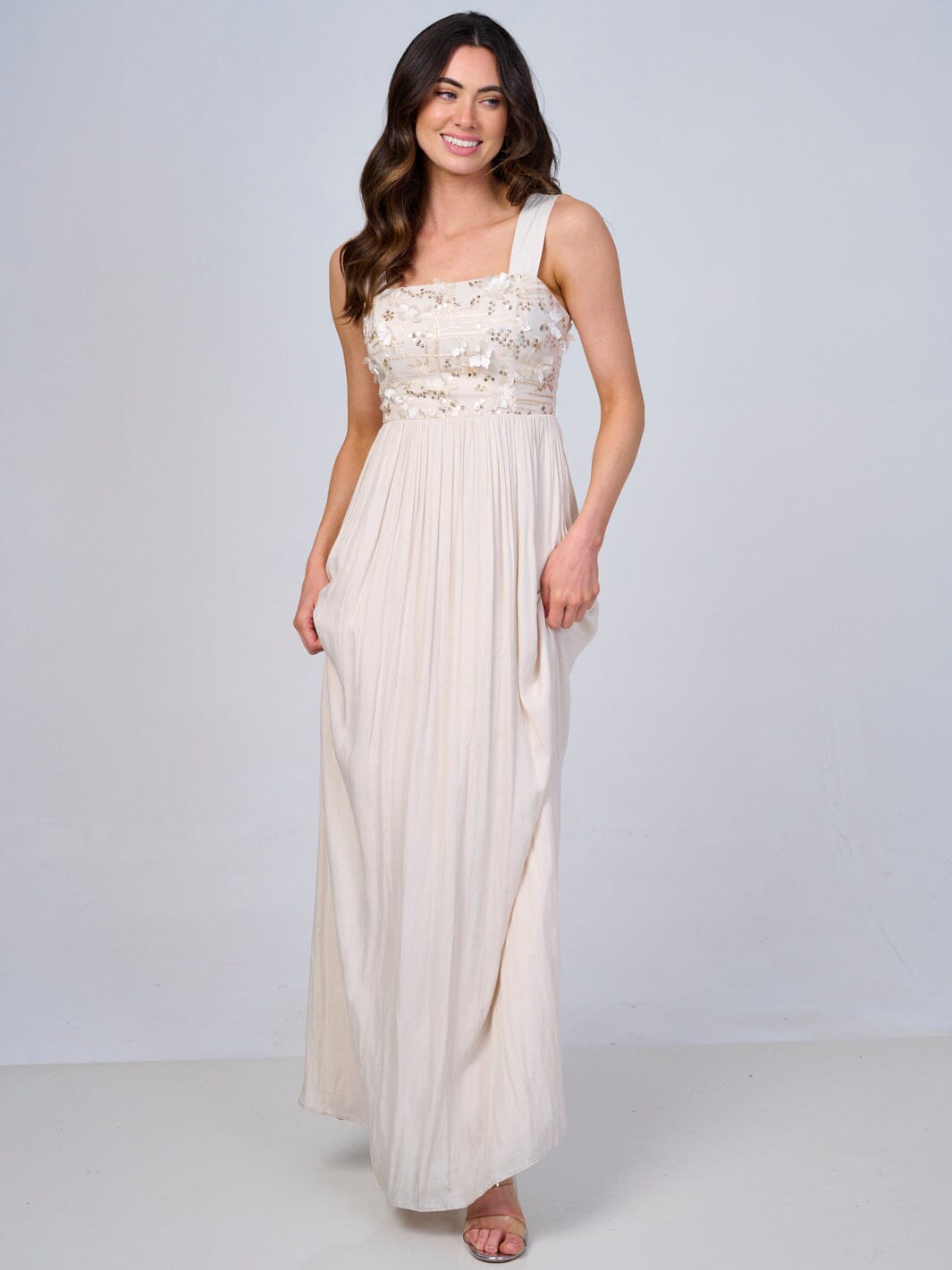 WOMEN'S SLEEVELESS FLORAL SEQUINS FRONT POCKETS MAXI DRESS