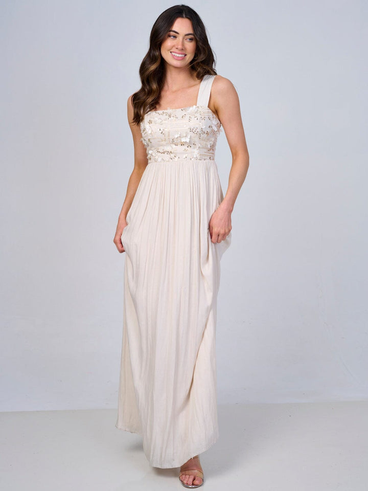 WOMEN'S SLEEVELESS FLORAL SEQUINS FRONT POCKETS MAXI DRESS