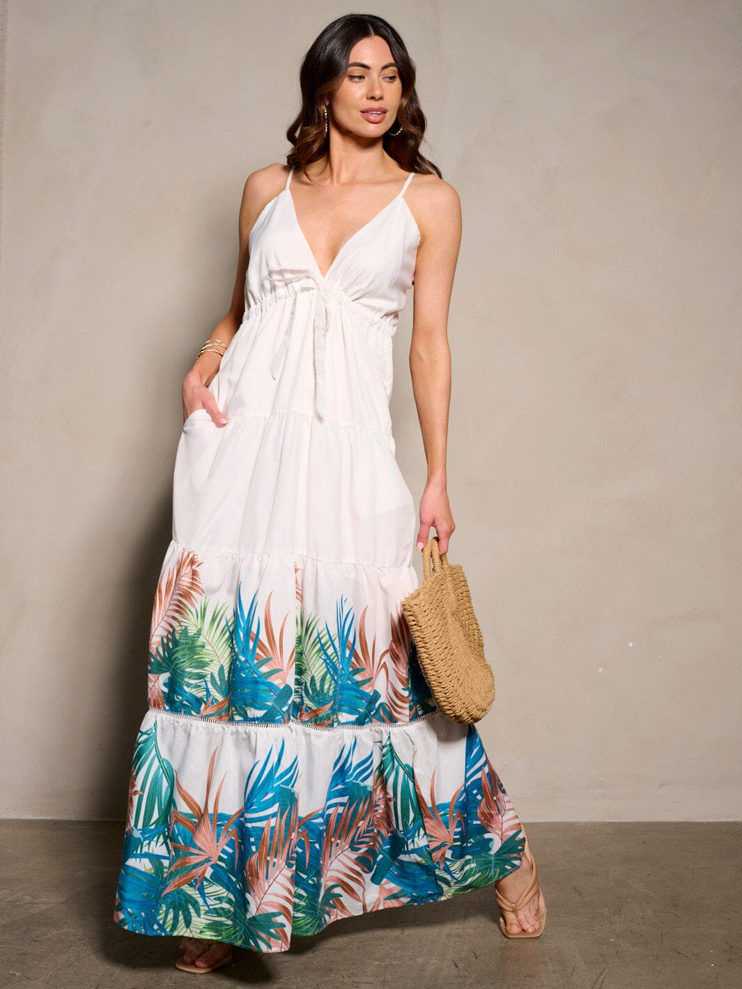 WOMEN'S SLEEVELESS V-NECK POCKETS TIERED FLORAL MAXI DRESS