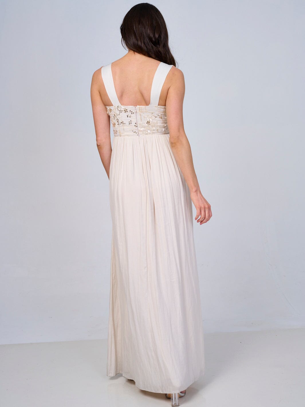 WOMEN'S SLEEVELESS FLORAL SEQUINS FRONT POCKETS MAXI DRESS