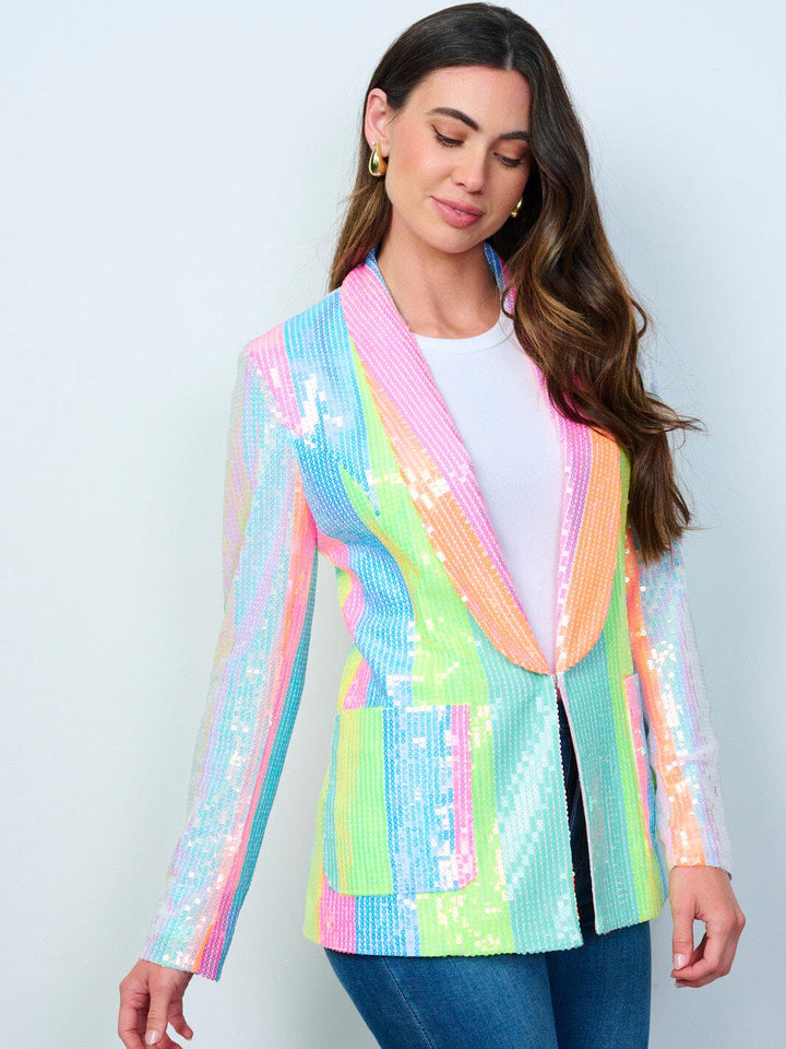 WOMEN'S LONG SLEEVE BUTTON CLOSURE SEQUINS COLORBLOCK BLAZER