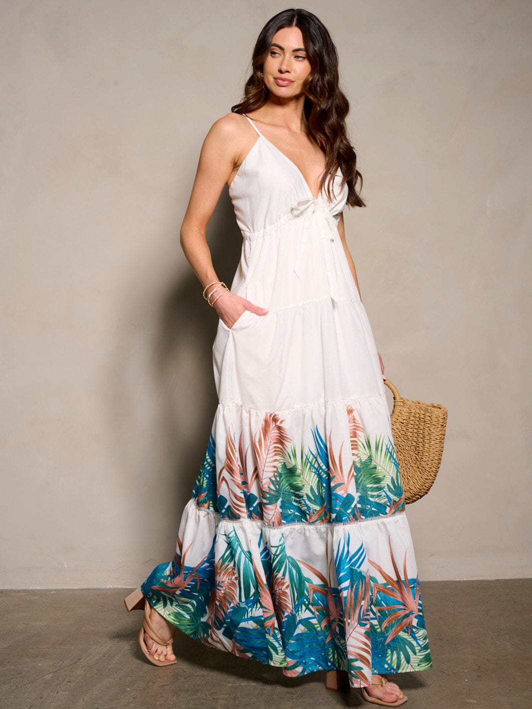 WOMEN'S SLEEVELESS V-NECK POCKETS TIERED FLORAL MAXI DRESS