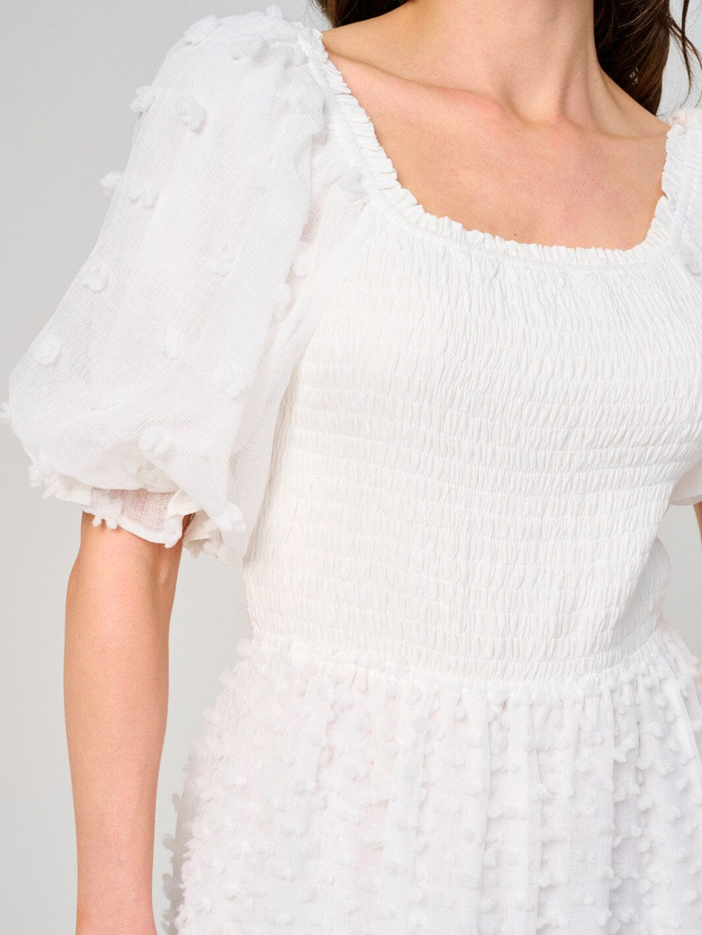 WOMEN'S SHORT PUFF SLEEVE SMOCK SWISS DOT MAXI DRESS