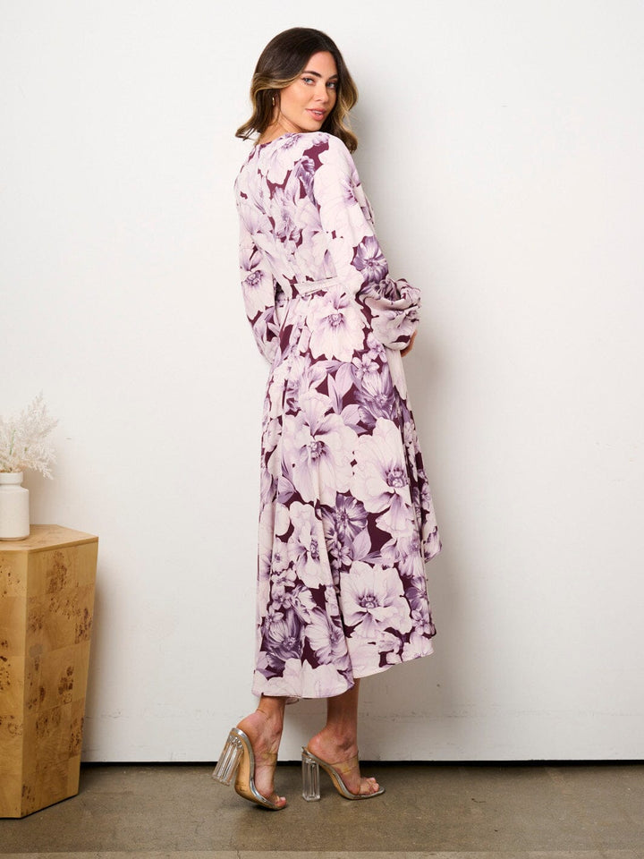 WOMEN'S LONG SLEEVE SELF TIE HIGH-LOW FLORAL PRINT SURPLICE MIDI DRESS