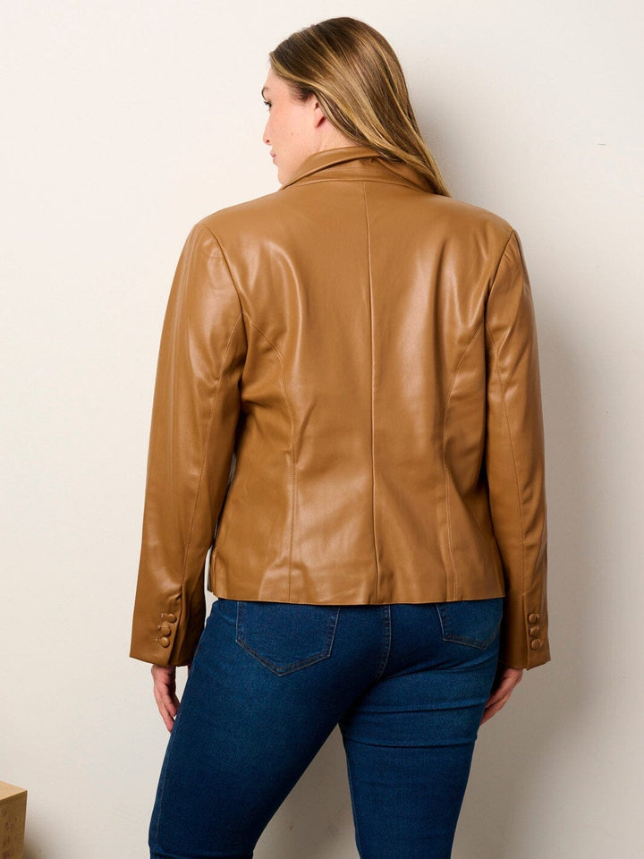 WOMEN'S LONG SLEEVE BUTTON CLOSURE POCKETS PU PLEATHER JACKET