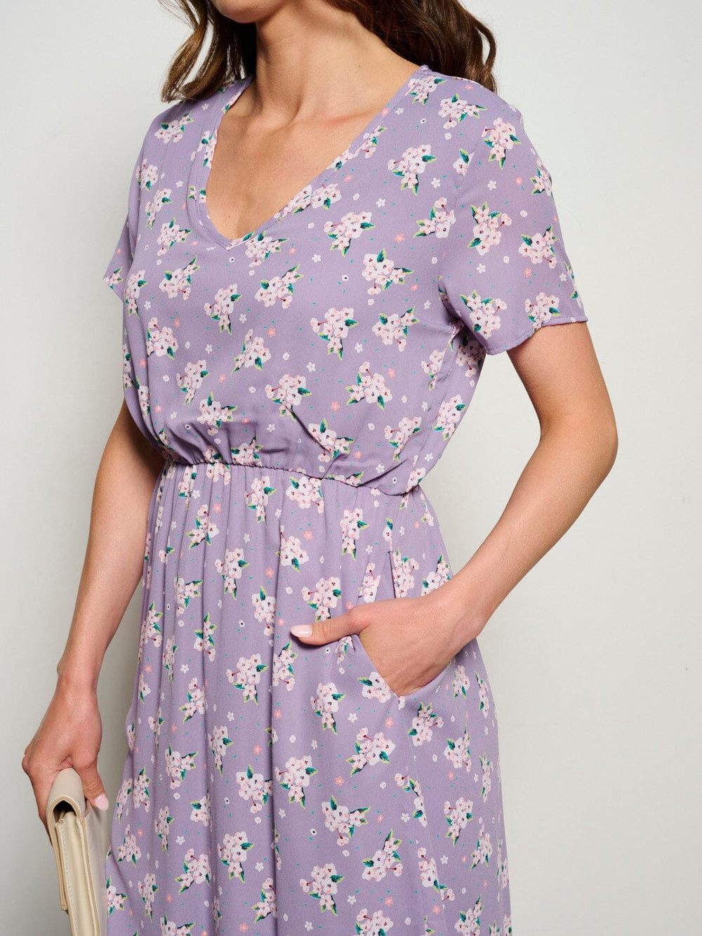 WOMEN'S SHORT SLEEVE V-NECK POCKETS ELASTIC WAIST FLORAL MIDI DRESS