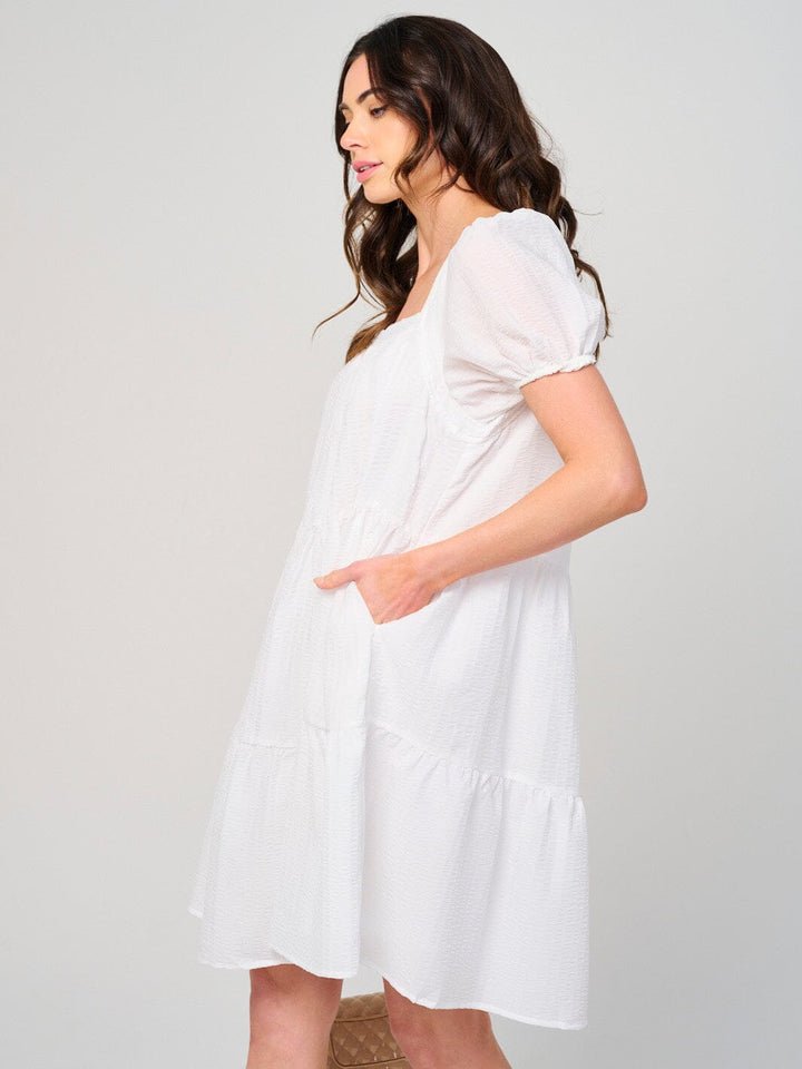 WOMEN'S SHORT PUFF SLEEVE SQUARE NECK FRONT POCKETS MINI DRESS