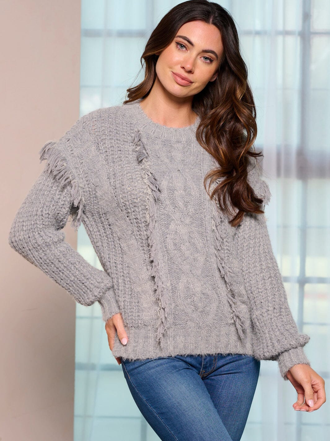 WOMEN'S LONG SLEEVE FRINGE KNIT PULLOVER SWEATER