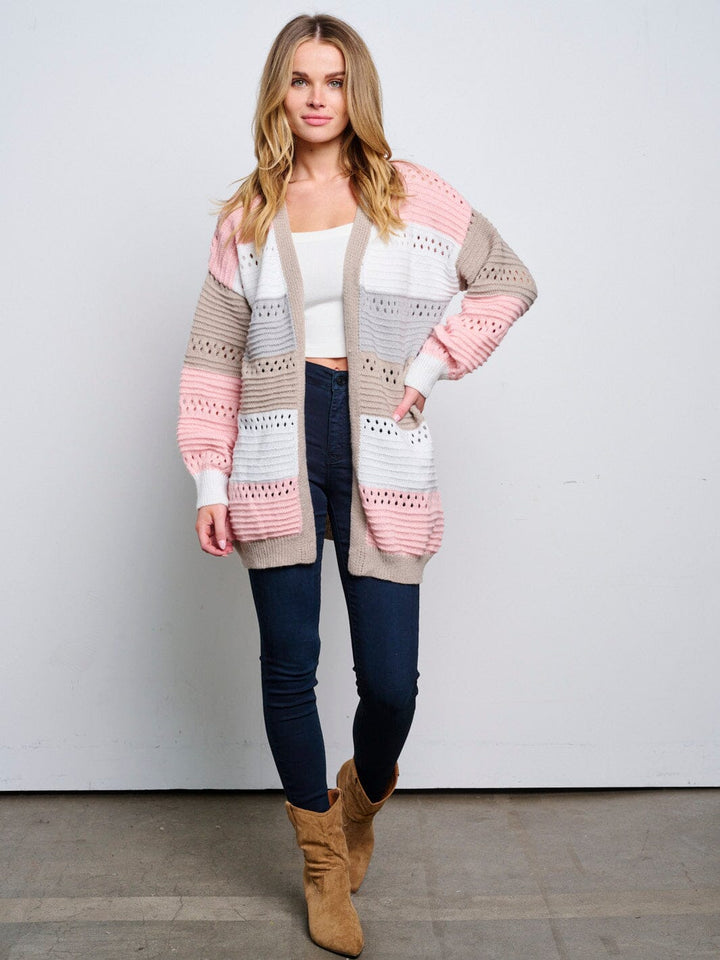 WOMEN'S LONG SLEEVE OPEN FRONT KNIT COLORBLOCK CARDIGAN