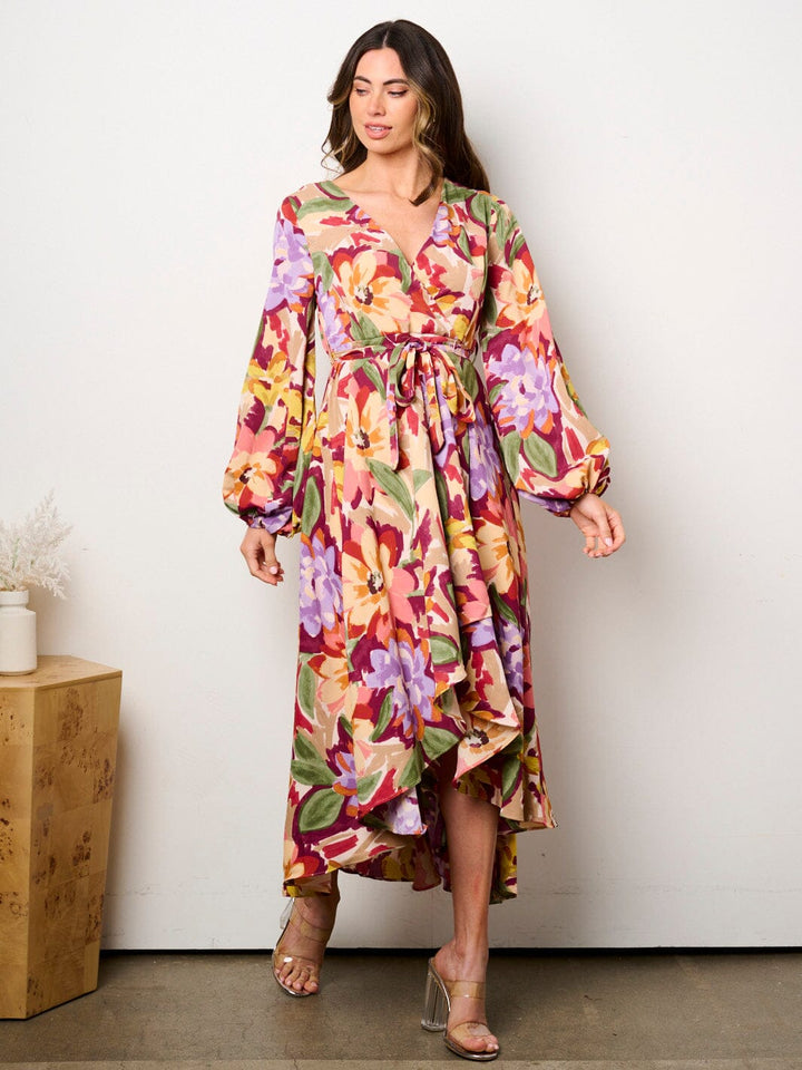 WOMEN'S LONG SLEEVE SELF TIE HIGH-LOW FLORAL PRINT SURPLICE MIDI DRESS