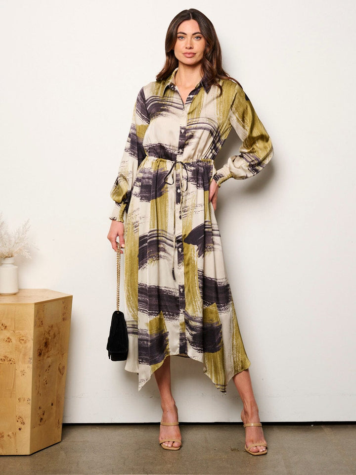 WOMEN'S LONG SLEEVE SELF TIE MULTI PRINT BUTTON UP MIDI DRESS