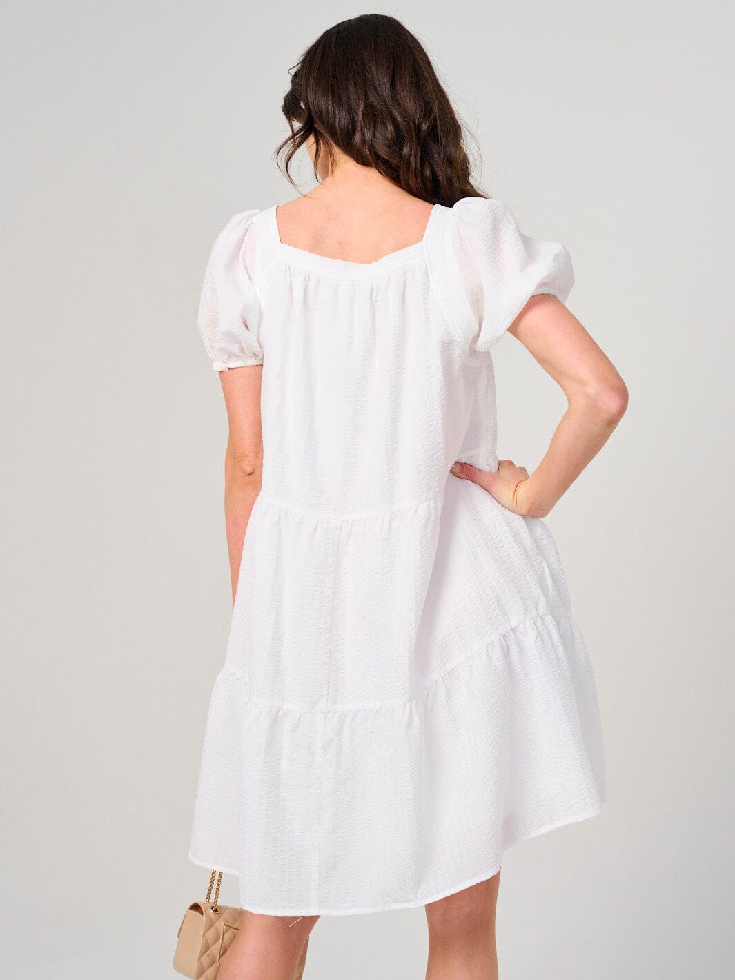 WOMEN'S SHORT PUFF SLEEVE SQUARE NECK FRONT POCKETS MINI DRESS