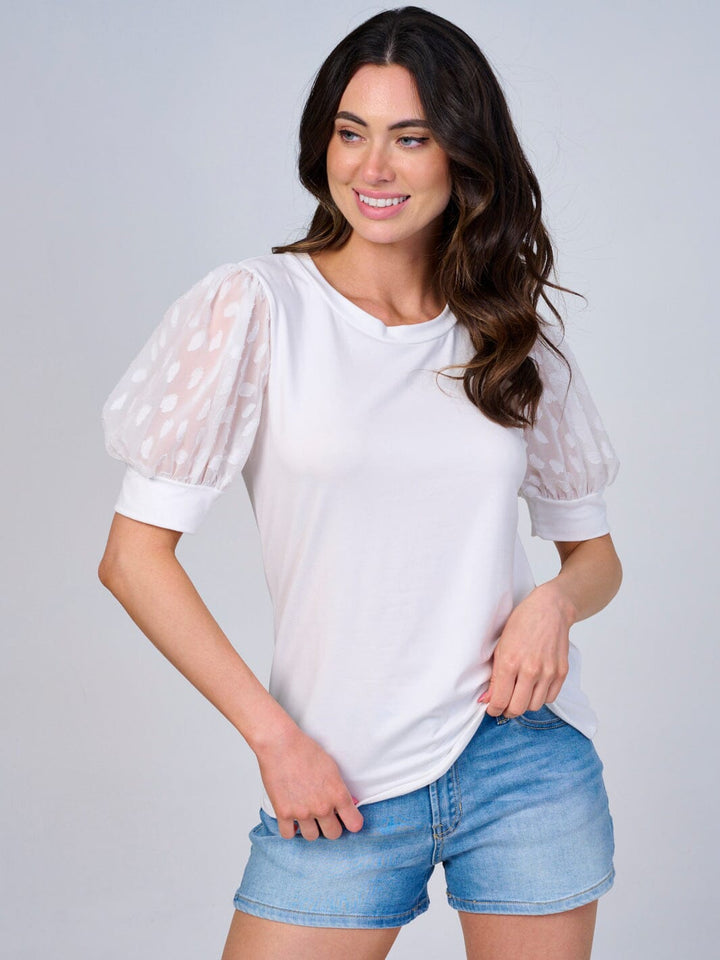 WOMEN'S SHORT MESH SLEEVES SOLID BLOUSE