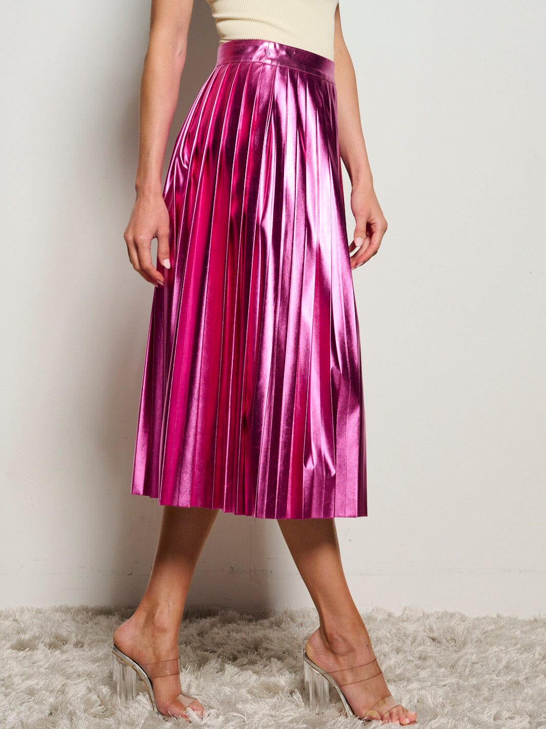 WOMEN'S ZIP UP PU PLEATHER METALLIC PLEATED MIDI SKIRT
