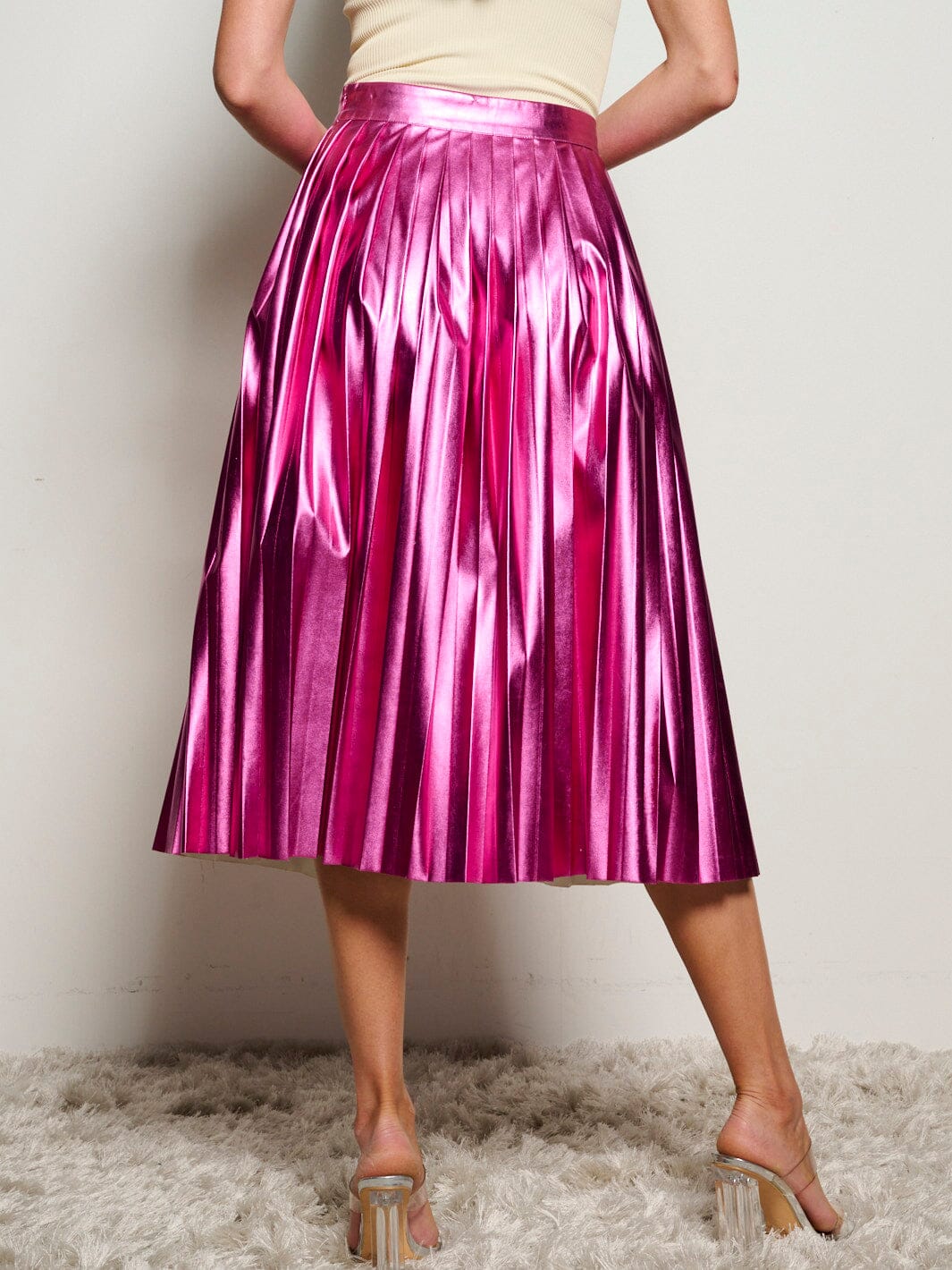 WOMEN'S ZIP UP PU PLEATHER METALLIC PLEATED MIDI SKIRT