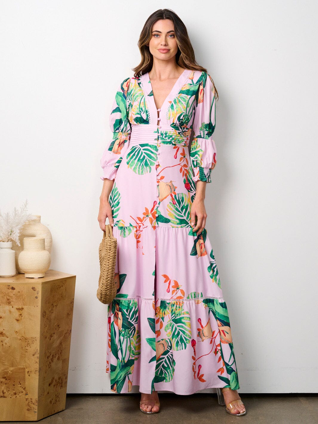 WOMEN'S 3/4 SLEEVES V-NECK TIERED FLORAL MAXI DRESS