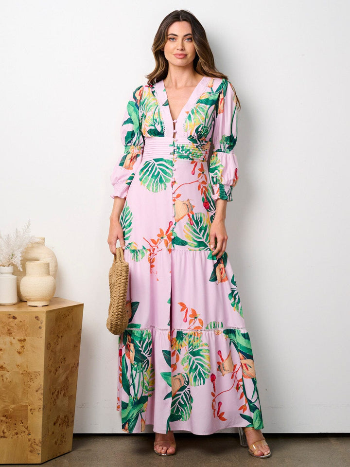 WOMEN'S 3/4 SLEEVES V-NECK TIERED FLORAL MAXI DRESS