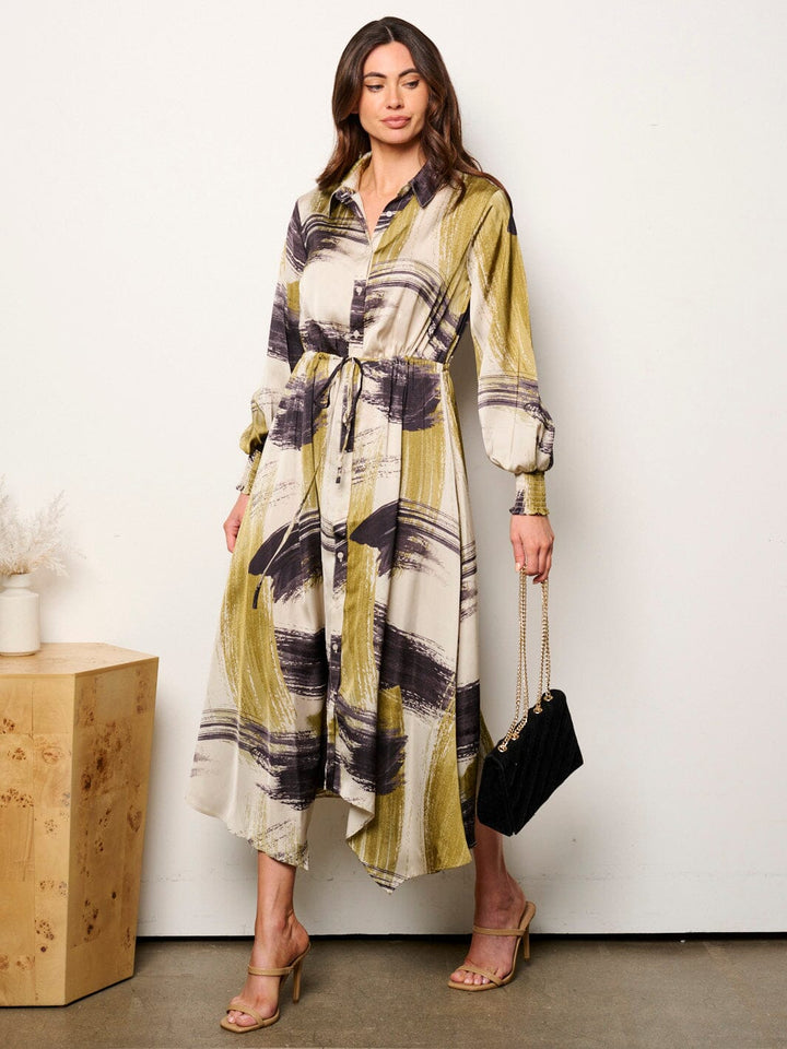 WOMEN'S LONG SLEEVE SELF TIE MULTI PRINT BUTTON UP MIDI DRESS