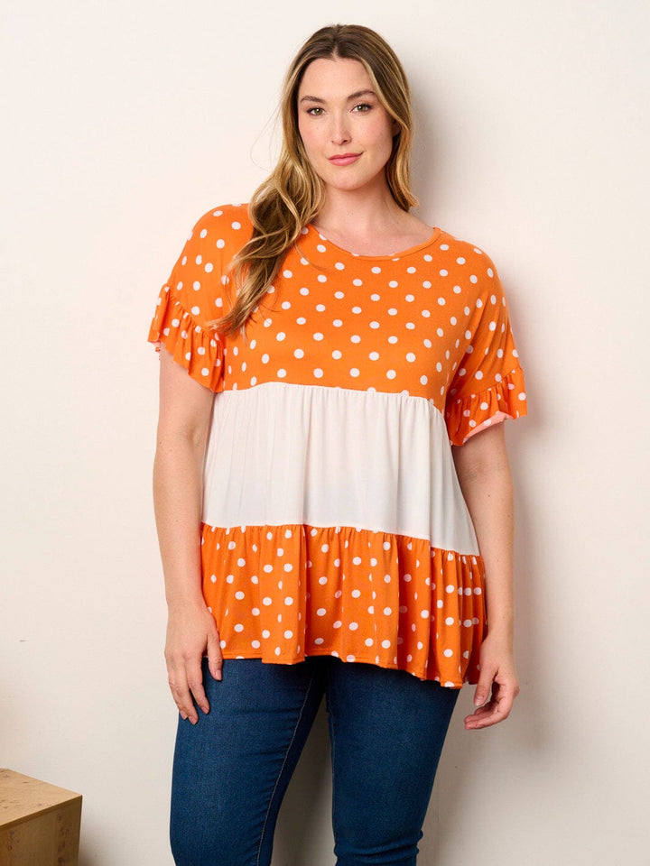 PLUS SHORT SLEEVE POLKA DOT COLORBLOCK TUNIC TOP