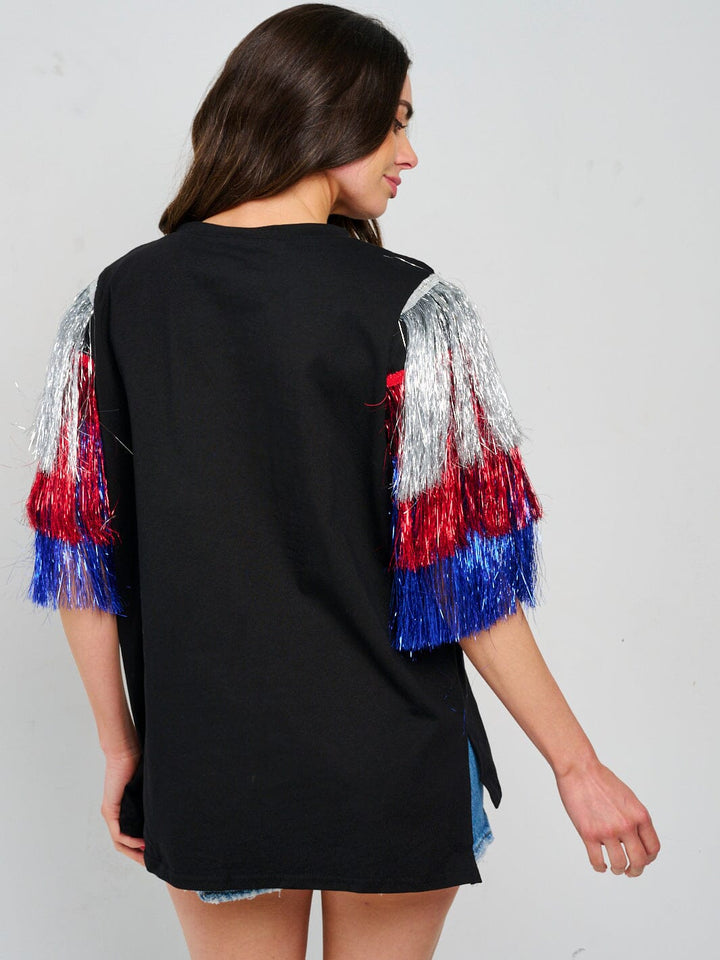 WOMEN'S SHORT FRINGE SLEEVE HIGH-LOW PATRIOTIC SHIRT
