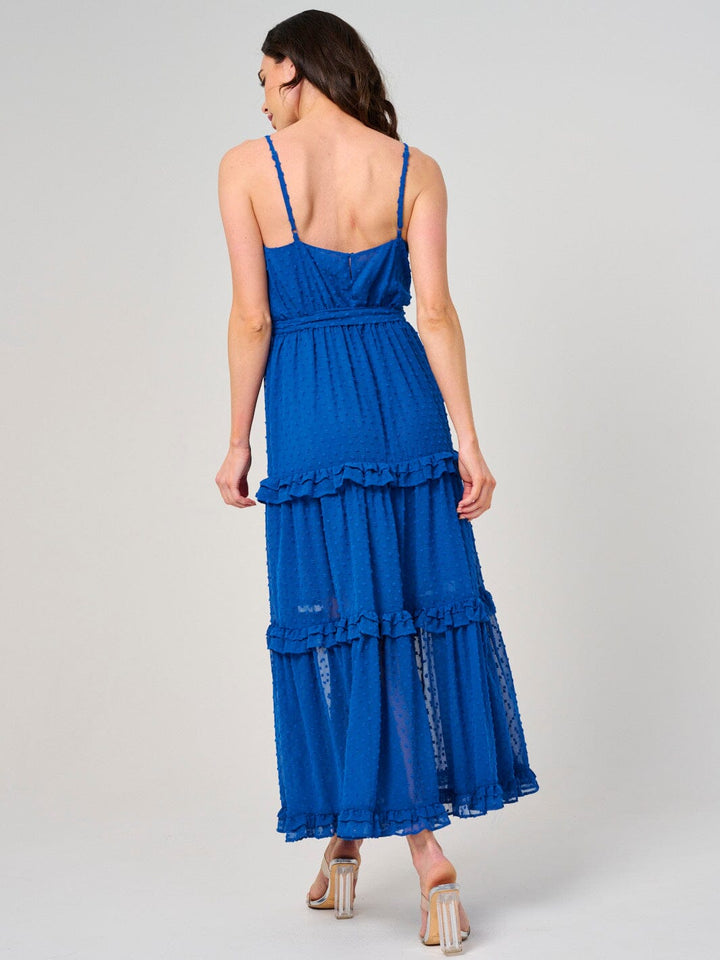 WOMEN'S SLEEVELESS SURPLICE SWISS DOT TIERED MAXI DRESS