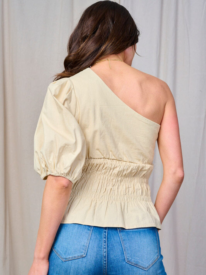 WOMEN'S ONE SHOULDER SMOCK WAIST TOP