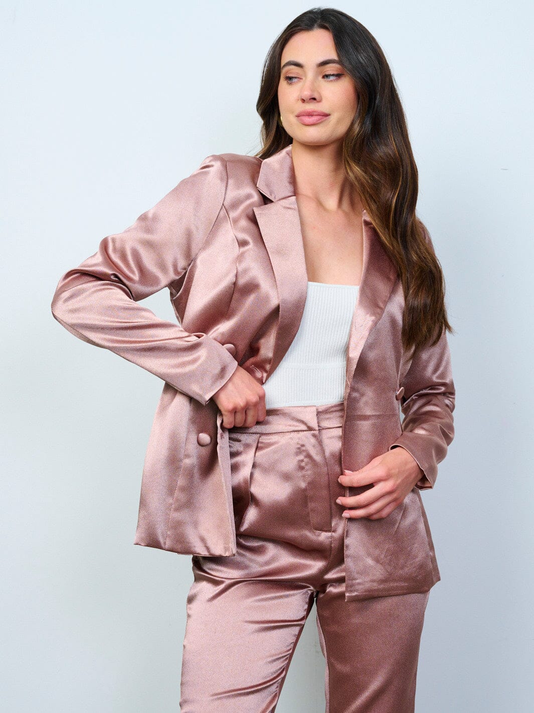 WOMEN'S LONG SLEEVE BLAZER & BUTTON CLOSURE PANTS SATIN 2PC. SET