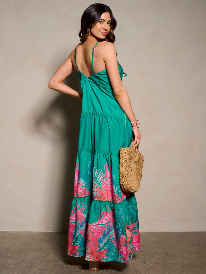 WOMEN'S SLEEVELESS V-NECK POCKETS TIERED FLORAL MAXI DRESS