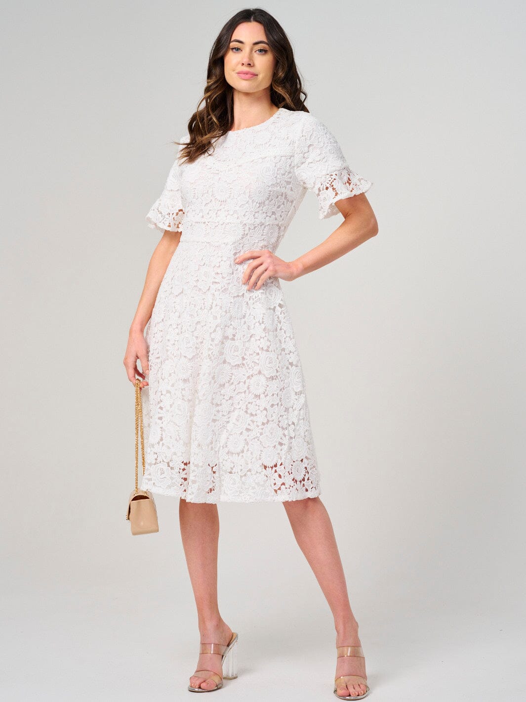 WOMEN'S SHORT RUFFLE SLEEVE FLORAL LACE MINI DRESS