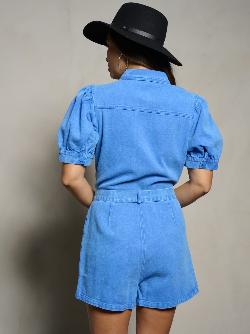 WOMEN'S SHORT PUFF SLEEVE BUTTON UP POCKETS DENIM ROMPER