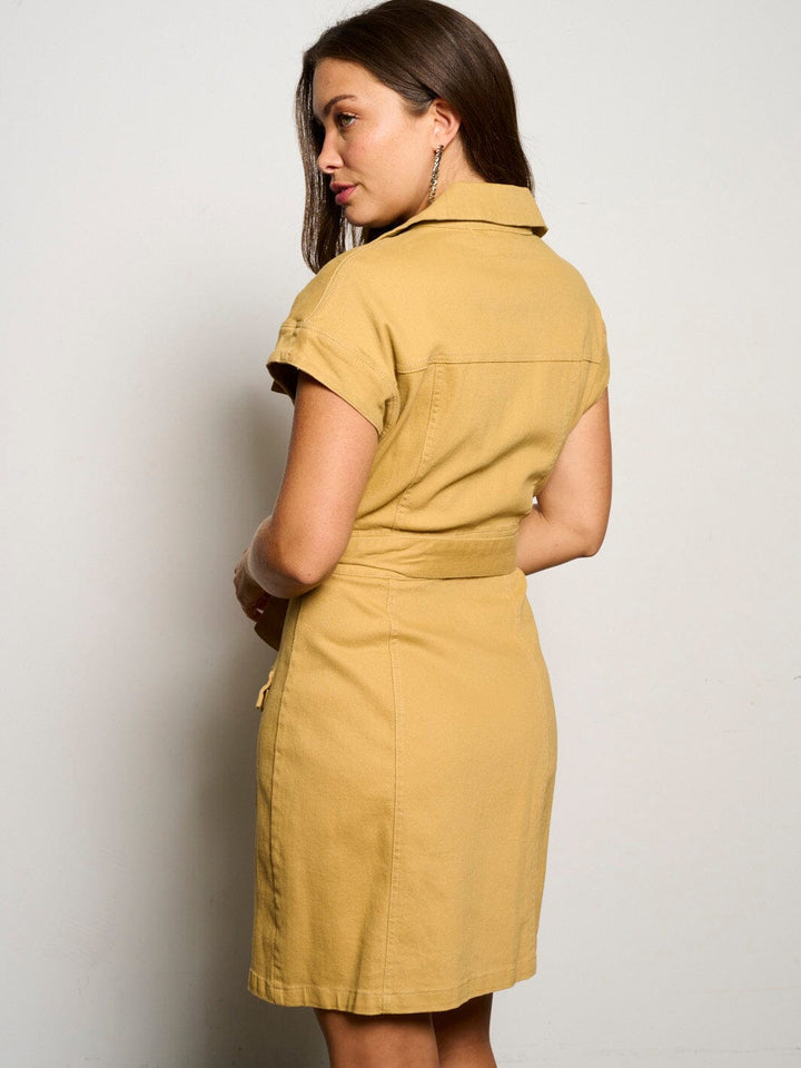 WOMEN'S SHORT SLEEVE BUTTON UP SELF TIE POCKETS MINI DRESS
