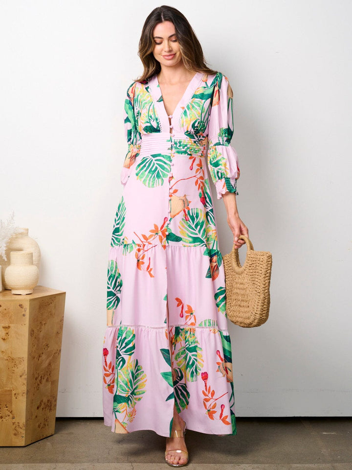 WOMEN'S 3/4 SLEEVES V-NECK TIERED FLORAL MAXI DRESS
