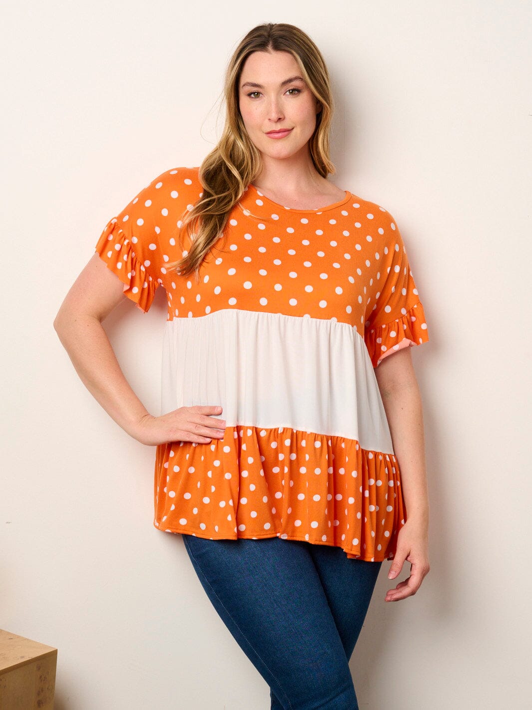 PLUS SHORT SLEEVE POLKA DOT COLORBLOCK TUNIC TOP