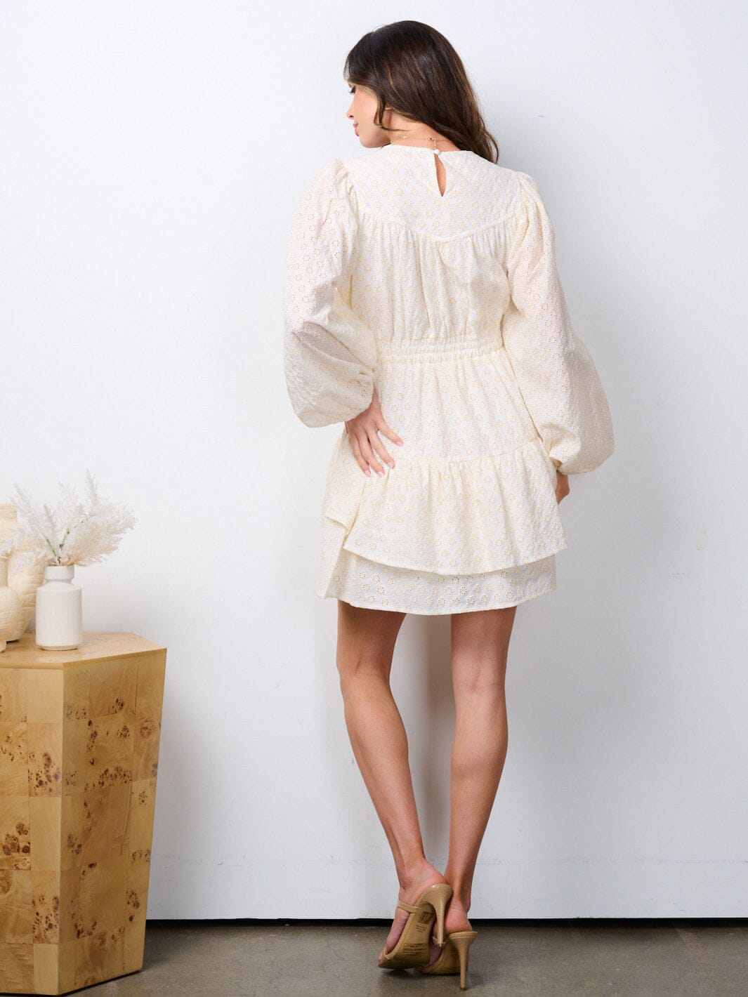 WOMEN'S LONG SLEEVE SMOCK WAIST EYELET MINI DRESS