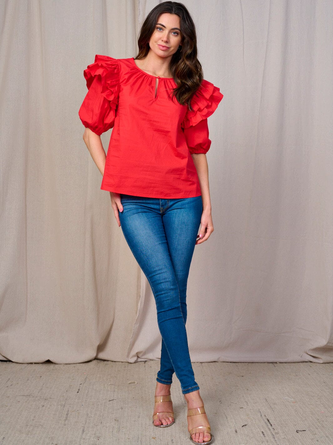 WOMEN'S SHORT RUFFLE SLEEVE KEY HOLE BLOUSE