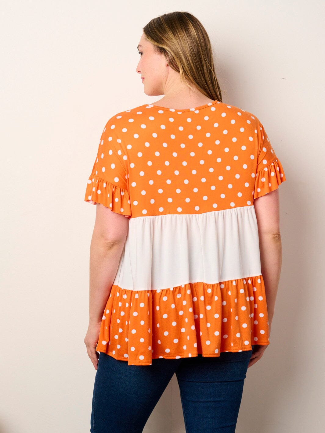 PLUS SHORT SLEEVE POLKA DOT COLORBLOCK TUNIC TOP