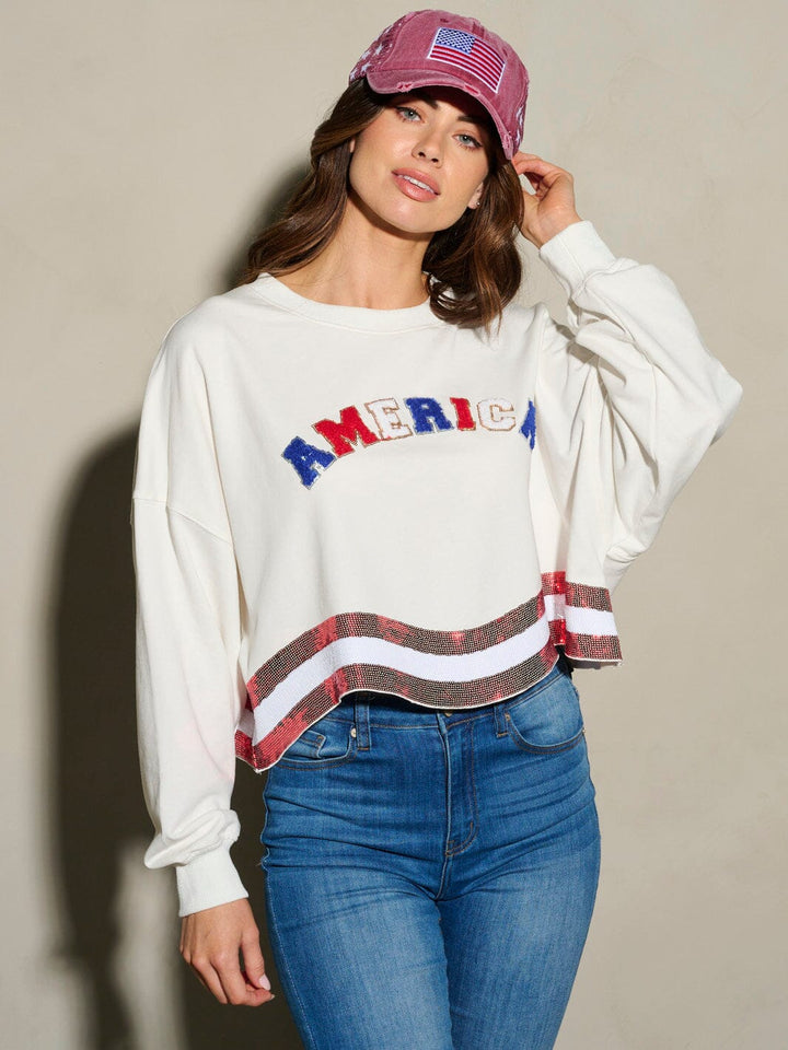 WOMEN'S LONG SLEEVE SEQUINS AMERICA PATRIOTIC TOP