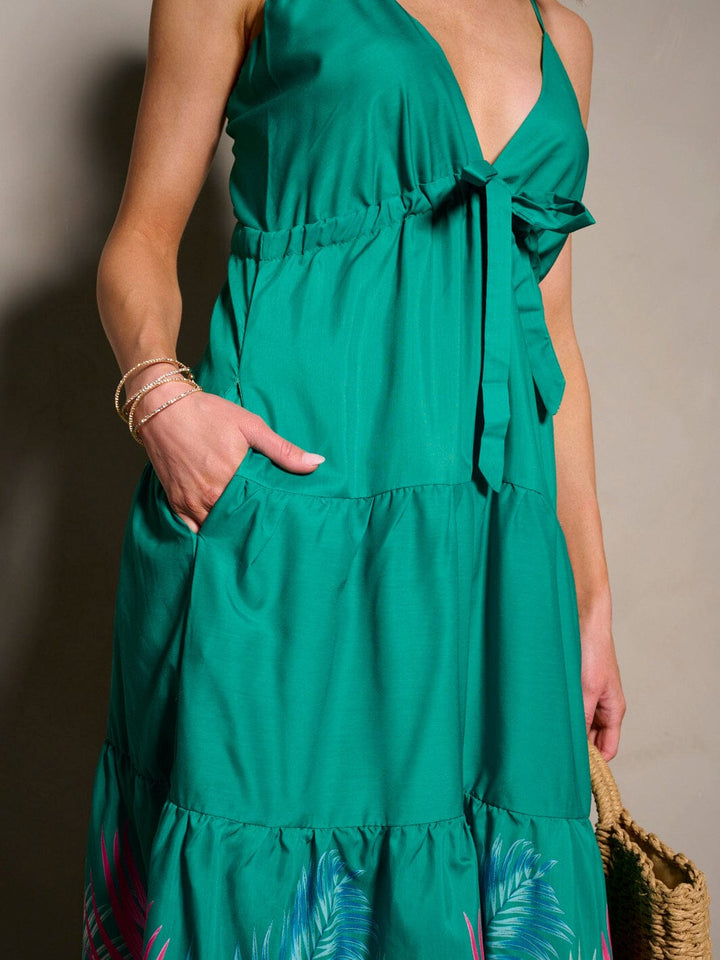 WOMEN'S SLEEVELESS V-NECK POCKETS TIERED FLORAL MAXI DRESS