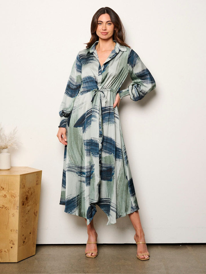 WOMEN'S LONG SLEEVE SELF TIE MULTI PRINT BUTTON UP MIDI DRESS