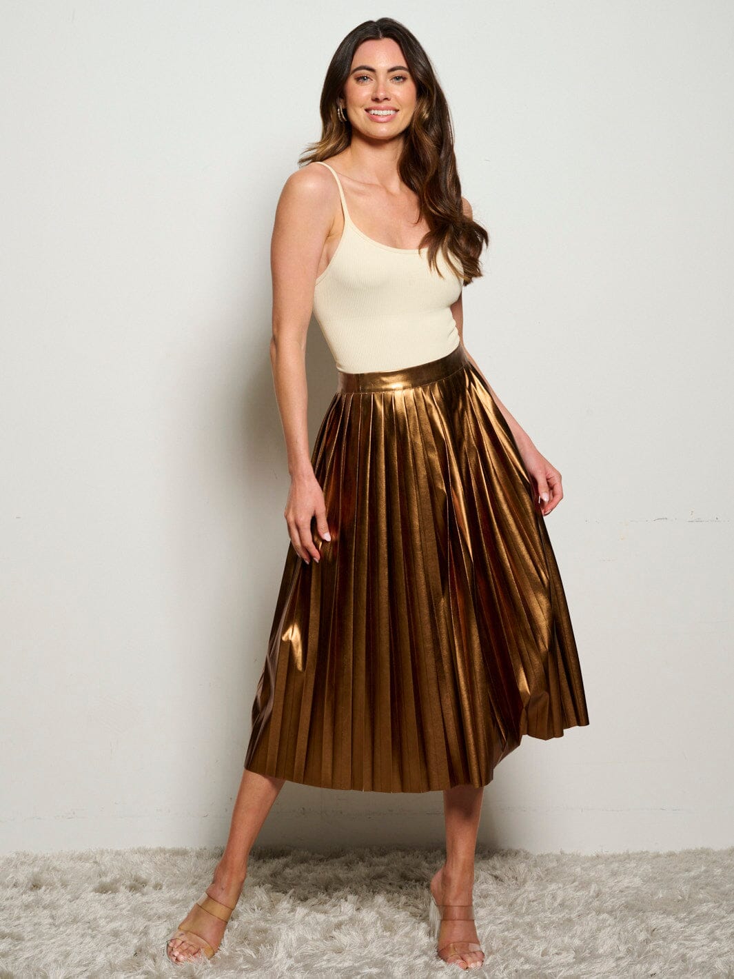 WOMEN'S ZIP UP PU PLEATHER METALLIC PLEATED MIDI SKIRT