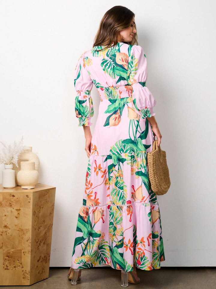 WOMEN'S 3/4 SLEEVES V-NECK TIERED FLORAL MAXI DRESS
