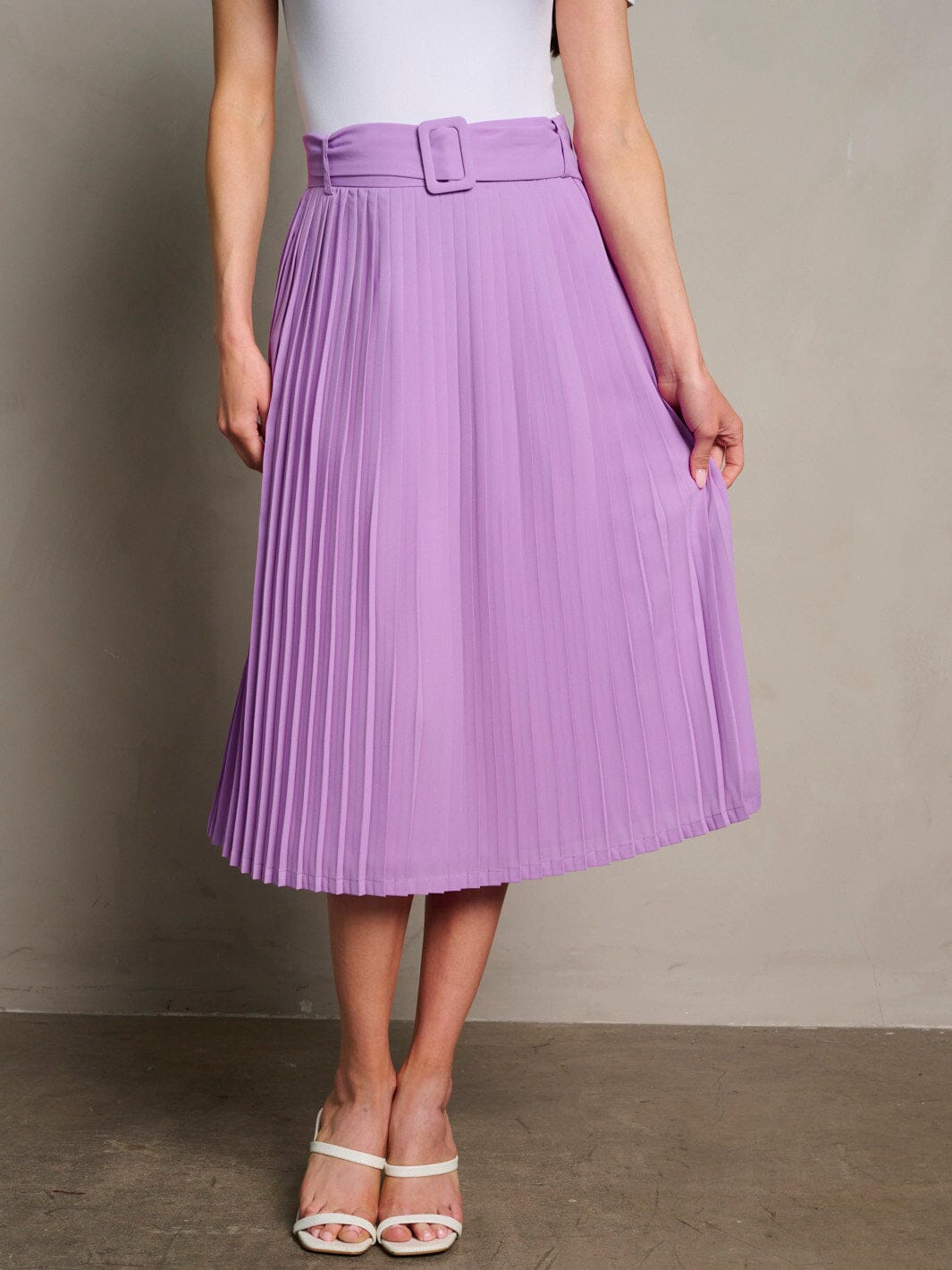 WOMEN'S ZIP UP BELTED PLEATED MIDI SKIRT