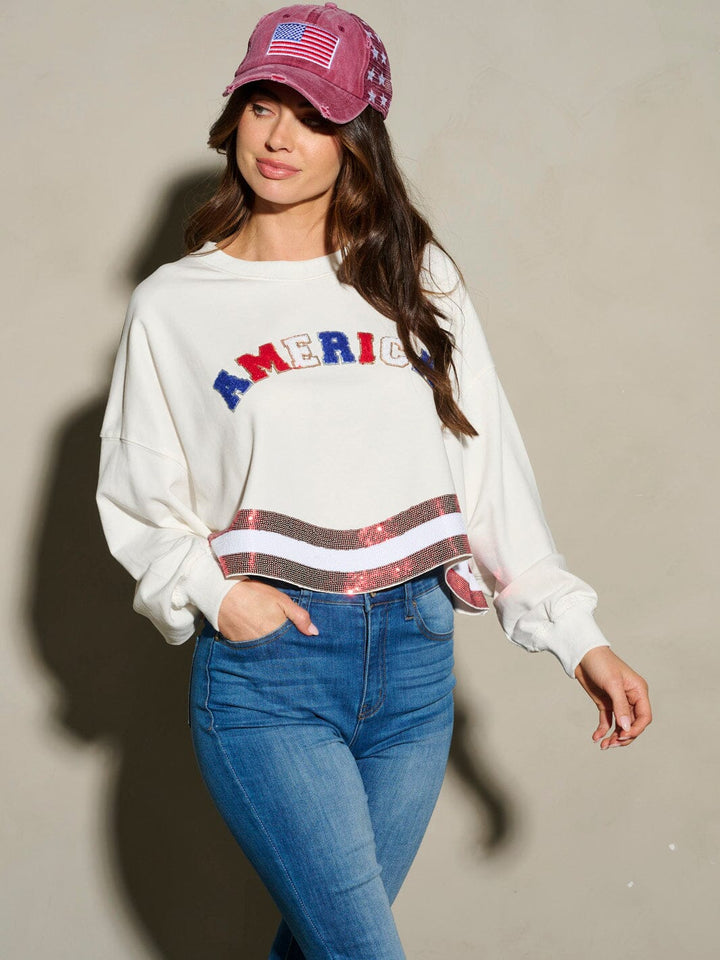 WOMEN'S LONG SLEEVE SEQUINS AMERICA PATRIOTIC TOP