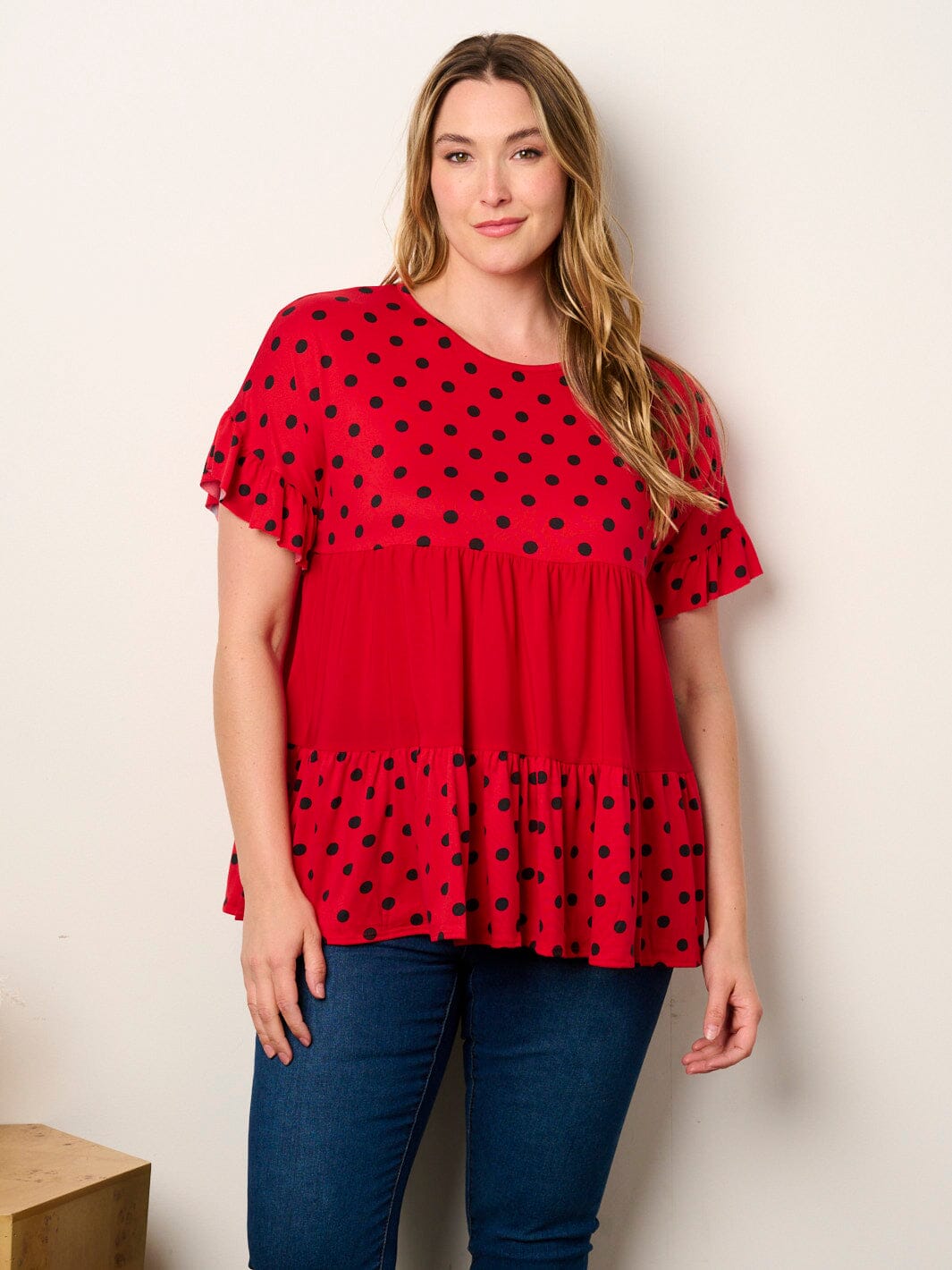 PLUS SHORT SLEEVE POLKA DOT COLORBLOCK TUNIC TOP