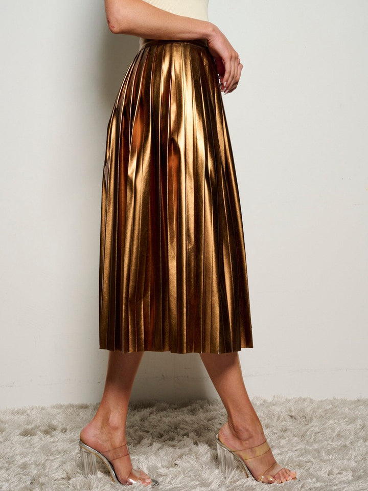 WOMEN'S ZIP UP PU PLEATHER METALLIC PLEATED MIDI SKIRT